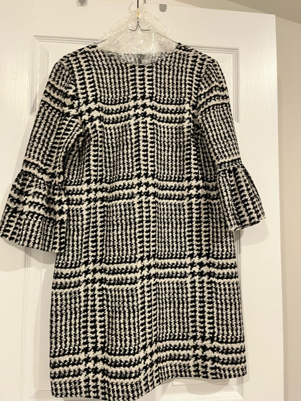Zara Black and White Houndstooth Shift Dress with Bell Sleeves